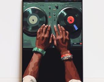 Pode incluir: Uma impressão de arte emoldurada com as mãos de um DJ manipulando uma plataforma giratória. A obra de arte apresenta tons de pele escuros, detalhes em verde e vermelho e um fundo preto. O DJ usa uma pulseira verde e uma pulseira com contas vermelhas e prateadas.