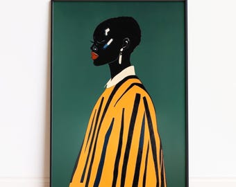 May include: A framed art print featuring a stylized portrait of a person in profile. The person has dark skin, black hair, and red lipstick. They wear a yellow and black striped garment over a white collared shirt, set against a dark green background.