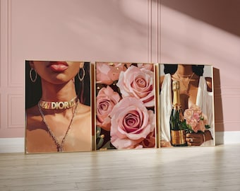 Black Girl Print Set of 3, Black Woman Art Luxury Poster Flower Art Printable Fashion Wall Art Black Girl Decor Melanin Art Digital Download