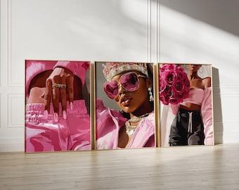 Black Queen Poster Set of 3, Pink Aesthetic Print, Black Girl Flowers Art, Black Woman Wall Decor, Luxury Fashion Wall Art, Digital Download