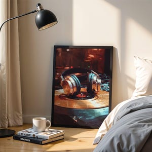 K&ouml;nnte beinhalten: Gerahmter Druck mit goldenen und schwarzen Kopfh&ouml;rern auf einem Plattenspieler. Eine schwarze Stehlampe und eine wei&szlig;e Tasse auf B&uuml;chern befinden sich im Vordergrund. Ein Bett mit einer grauen Bettdecke ist im Hintergrund, beleuchtet von Tageslicht.