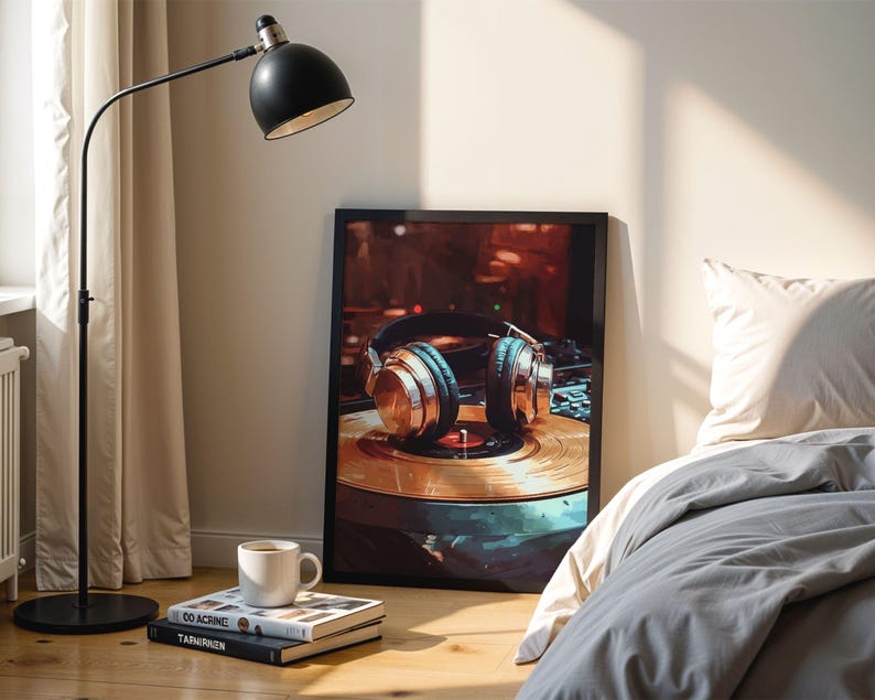 K&ouml;nnte beinhalten: Gerahmter Druck mit goldenen und schwarzen Kopfh&ouml;rern auf einem Plattenspieler. Eine schwarze Stehlampe und eine wei&szlig;e Tasse auf B&uuml;chern befinden sich im Vordergrund. Ein Bett mit einer grauen Bettdecke ist im Hintergrund, beleuchtet von Tageslicht.