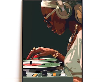May include: A framed art print of a DJ, rendered in a stylized illustration. The DJ is wearing headphones, glasses, and jewelry, with red nail polish. The DJ is shown with their hands on a turntable, with green and red records.