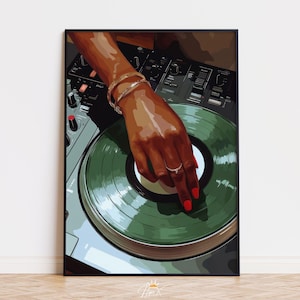 Turntable Music Art Print, Black Girl DJ Wall Art, Green Vinyl Record Poster, Play Music Art, Trendy Studio Wall Decor Digital Download