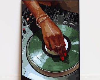 Impresión artística de música de tocadiscos, arte mural de DJ negra, póster de disco de vinilo verde, arte de reproducción de música, decoración de pared de estudio de moda, descarga digital