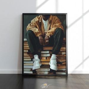 May include: Framed art print featuring a person seated on a stack of books. The person is wearing a gold jacket, white shirt, and black pants, with white sneakers. The artwork has a dark, moody aesthetic, with a black frame.