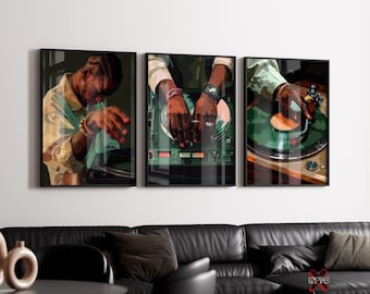 Set of 3 Black Man DJ Prints, Printable Vinyl Record Turntable Art, Hip Hop Music Decor, Hypebeast Posters for Music Room Digital Download