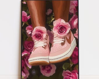 Black Woman Sneaker Art, Printable Fashion Poster Sneakerhead Print Pink Aesthetic Art Melanin Wall Art Black Girl Decor Digital Download