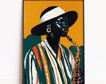 Zwart meisje met saxofoon print, portret zwarte muzikant, groen geel gestreepte kunst, decor moderne jazzmuziek, abstracte kunst, digitale download