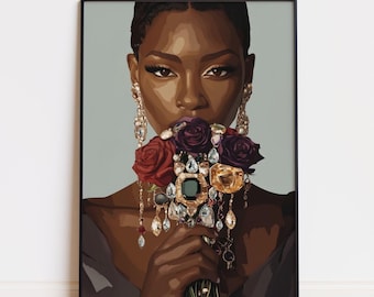 Arte mural de chica negra y flores de lujo, impresión de joyas florales, arte de mujer negra con melanina, póster glam imprimible, decoración de moda, descarga digital