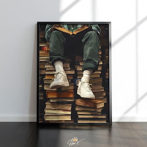 Svart man läsande poster, modern boklig väggkonst, studiekonsttryck, urban sneakerhead-tryck, bokkonst, trendig studentrumsdekor, digital nedladdning