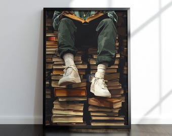 Pôster de homem negro lendo, arte de parede moderna com temática literária, impressão de arte de estudo, impressão de tênis urbano, arte de livros, decoração de dormitório moderna, download digital