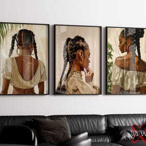 Black Woman Wall Art Set of 3, Braids Art, Printable Black Hair Art, Female Beauty Print, Fashion Poster, Hair Salon Decor Digital Download