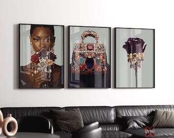 Black Girl Poster Set of 3, Minimalist Black Art Prints, Printable Black Woman Wall Art, Feminine Fashion Decor, Floral Art Digital Download