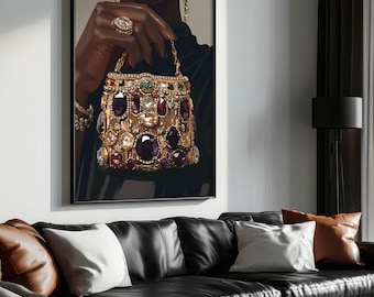 Arte mural glamoroso de mujer negra, impresión de pared con bolso de joyería de lujo, póster de moda elegante imprimible, arte de chica negra, decoración de pared dorada, descarga digital