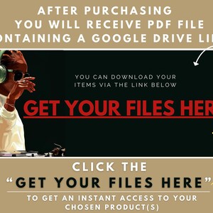 May include: Digital download instructions with the text "GET YOUR FILES HERE" in red on a black background. The image includes a person wearing headphones and sunglasses, with text that says "CLICK THE 'GET YOUR FILES HERE' TO GET AN INSTANT ACCESS TO YOUR CHOSEN PRODUCT(S)"