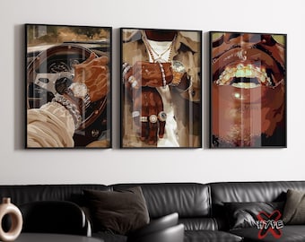 May include: Three framed art prints featuring a close-up of a person's face with gold teeth, a person's hand with multiple rings and a watch, and a person's hand holding a steering wheel.