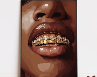 Grillz Black Art Print, Black Woman Gold Teeth Poster, Printable Grillz Art, Melanin Art, Diamond Teeth, Black Girl Decor, Digital Download