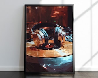 Headphones on Turntable Poster, Vinyl Record Print, Music Lover Gift, Modern DJ Wall Decor, Trendy Music Studio Wall Art Digital Download