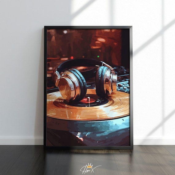 Headphones on Turntable Poster, Vinyl Record Print, Music Lover Gift, Modern DJ Wall Decor, Trendy Music Studio Wall Art Digital Download