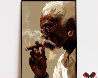 Arte mural de cigarros fumando, impresión artística de hombre negro, decoración sofisticada de fumadores, retrato masculino afroamericano imprimible, descarga digital