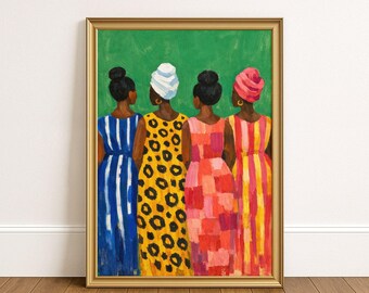 May include: A framed painting depicting four figures from behind against a solid green background. The figures wear headwraps and long dresses featuring blue vertical stripes, a yellow leopard print, a pink patchwork pattern, and red vertical stripes.