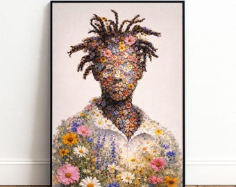 May include: A framed art print featuring a portrait of a person with dreadlocks and a shirt, both composed of colorful flowers. The artwork is set against a white background, with a black frame and a wooden floor.