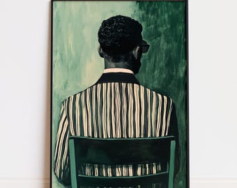 May include: An artistic print of a person seated in a chair, viewed from the back. The person wears a striped blazer with a black collar and sunglasses. The background is a textured green, and the chair is dark green.
