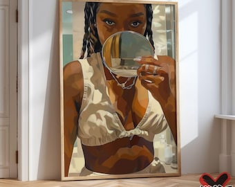 May include: A digital painting of a person with dark brown skin and long black braids looking into a round mirror. The person is wearing a white top with a low neckline and a brown bra. The background is a light brown color.