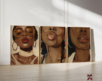 May include: Three framed illustrations of women's faces. The woman on the left is wearing sunglasses and has her lips slightly parted. The woman in the middle is sticking her tongue out. The woman on the right has her lips slightly parted and is wearing a gold hoop earring.