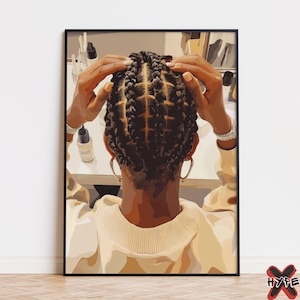 Braiding Hair Wall Art, Printable Black Woman Art, Braids Print, Black Girl Hair Poster, Artwork for Hair Salon Melanin Art Digital Download