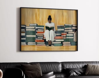 Black Girl Reading Book Painting, Bookish Wall Art, Trendy Student Decor, Modern Dorm Room Print, Literary Artwork, Digital Download