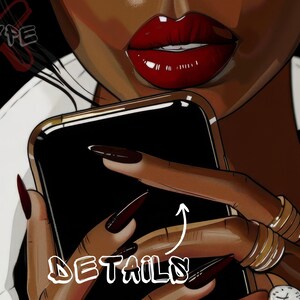 May include: A woman with dark skin and red lipstick is holding a black smartphone. Her nails are painted black and she is wearing gold rings on her fingers. The word "DETAILS" is written in white letters on the bottom of the image.
