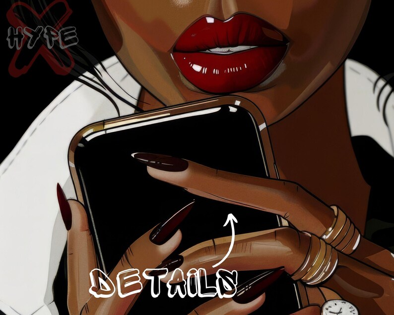 May include: A woman with dark skin and red lipstick is holding a black smartphone. Her nails are painted black and she is wearing gold rings on her fingers. The word "DETAILS" is written in white letters on the bottom of the image.