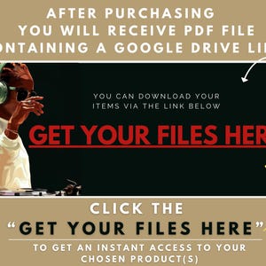 Pode incluir: Instru&ccedil;&otilde;es de download digital com o texto "GET YOUR FILES HERE" em vermelho sobre um fundo preto. A imagem inclui uma pessoa com fones de ouvido e &oacute;culos de sol, com texto adicional.