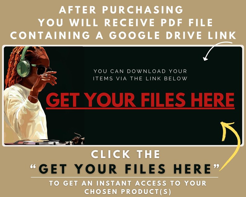 Pode incluir: Instru&ccedil;&otilde;es de download digital com o texto "GET YOUR FILES HERE" em vermelho sobre um fundo preto. A imagem inclui uma pessoa com fones de ouvido e &oacute;culos de sol, com texto adicional.