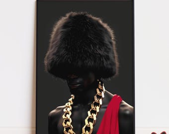 May include: A person wearing a large black fur hat and a thick gold chain necklace. The person is wearing a red dress and has dark skin.