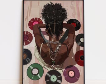 May include: A framed art print featuring a woman with dark skin, adorned with layered necklaces, resting her arms behind her head. The artwork includes vinyl records in various colors, including red, green, and purple, against a pink background.