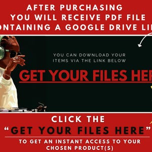 Op de afbeelding: Een rode en zwarte afbeelding met de tekst "GET YOUR FILES HERE" in wit. De tekst wordt omringd door een gele pijl die naar rechts wijst. Onder de tekst bevindt zich een kleinere rode afbeelding met de tekst "CLICK THE "GET YOUR FILES HERE" TO GET AN INSTANT ACCESS TO YOUR CHOSEN PRODUCT(S)"