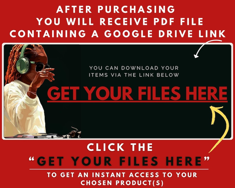 Op de afbeelding: Een rode en zwarte afbeelding met de tekst "GET YOUR FILES HERE" in wit. De tekst wordt omringd door een gele pijl die naar rechts wijst. Onder de tekst bevindt zich een kleinere rode afbeelding met de tekst "CLICK THE "GET YOUR FILES HERE" TO GET AN INSTANT ACCESS TO YOUR CHOSEN PRODUCT(S)"