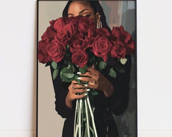 Arte de pared de chica negra con flores, estampado floral de mujer negra, arte moderno de chica negra, decoración femenina de mujer negra, arte de chica melanina, descarga digital