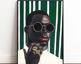 May include: A framed portrait painting of a person with dark skin wearing round gold-rimmed sunglasses and multiple gold rings on their fingers. The person has bright red lips and wears a white collared shirt against a dark green and white striped background.