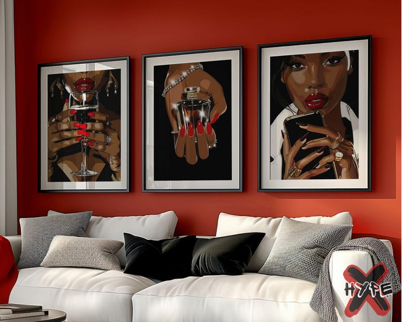 May include: Three framed art prints with black frames and white mats. Each print features a black and white illustration of a woman with red lips and nails. The woman in the left print is holding a glass of red wine. The woman in the center print is holding a bottle of perfume. The woman in the right print is holding a smartphone.