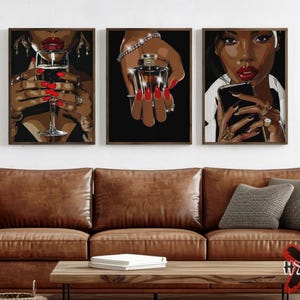 May include: Three framed illustrations of women with red lips and manicures. The first image shows a woman holding a glass of red wine. The second image shows a woman holding a bottle of perfume. The third image shows a woman holding a smartphone.