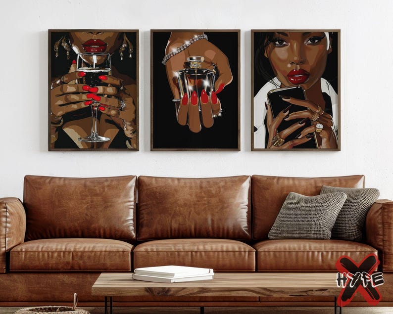 May include: Three framed illustrations of women with red lips and manicures. The first image shows a woman holding a glass of red wine. The second image shows a woman holding a bottle of perfume. The third image shows a woman holding a smartphone.