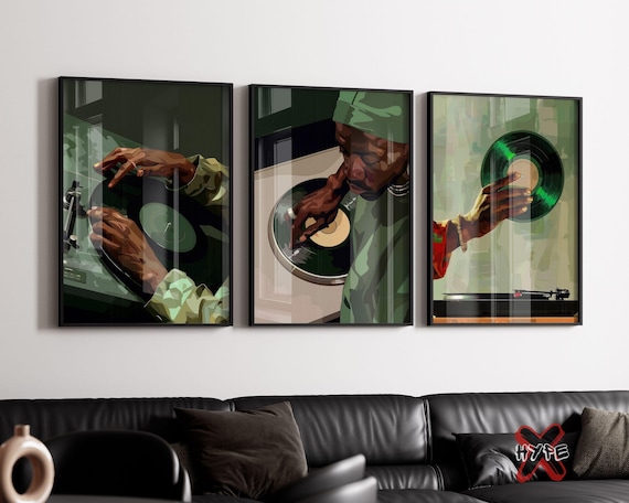 Black Man DJ Wall Art, Set of 3, Printable Vinyl Record Turntable