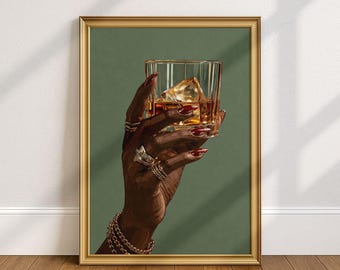 Whiskey Glass Wall Art, Drink Print, Black Woman Art, Luxury Bar Cart Decor, Digital Download