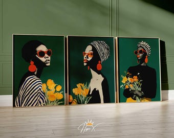 May include: A triptych of framed wall art prints featuring three portraits of individuals against a dark green background. Each figure wears red-rimmed sunglasses, large red circular earrings, and holds a bouquet of bright yellow tulips.