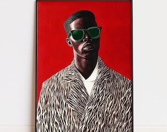 上品な黒人男性のウォールアート、モダンなアフロセントリックな肖像画、大胆な赤のヒップホップ風インテリア、男性的なファッションポスター、トレンドのデジタルダウンロード