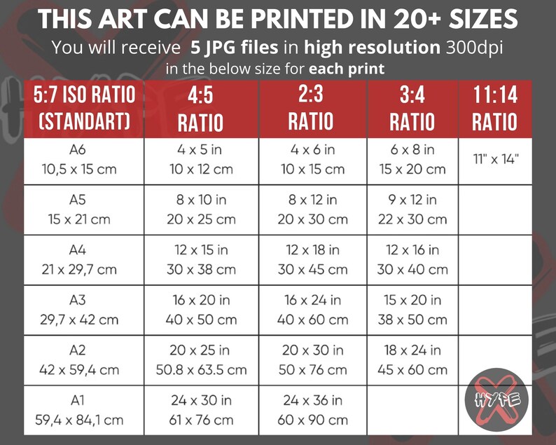 Puede incluir: Un gr&aacute;fico que muestra diferentes tama&ntilde;os de impresi&oacute;n para impresiones de arte digital. El gr&aacute;fico enumera los tama&ntilde;os en pulgadas y cent&iacute;metros, con las siguientes proporciones: 5:7, 4:5, 2:3, 3:4 y 11:14. El gr&aacute;fico incluye los siguientes tama&ntilde;os de papel: A6, A5, A4, A3, A2 y A1.